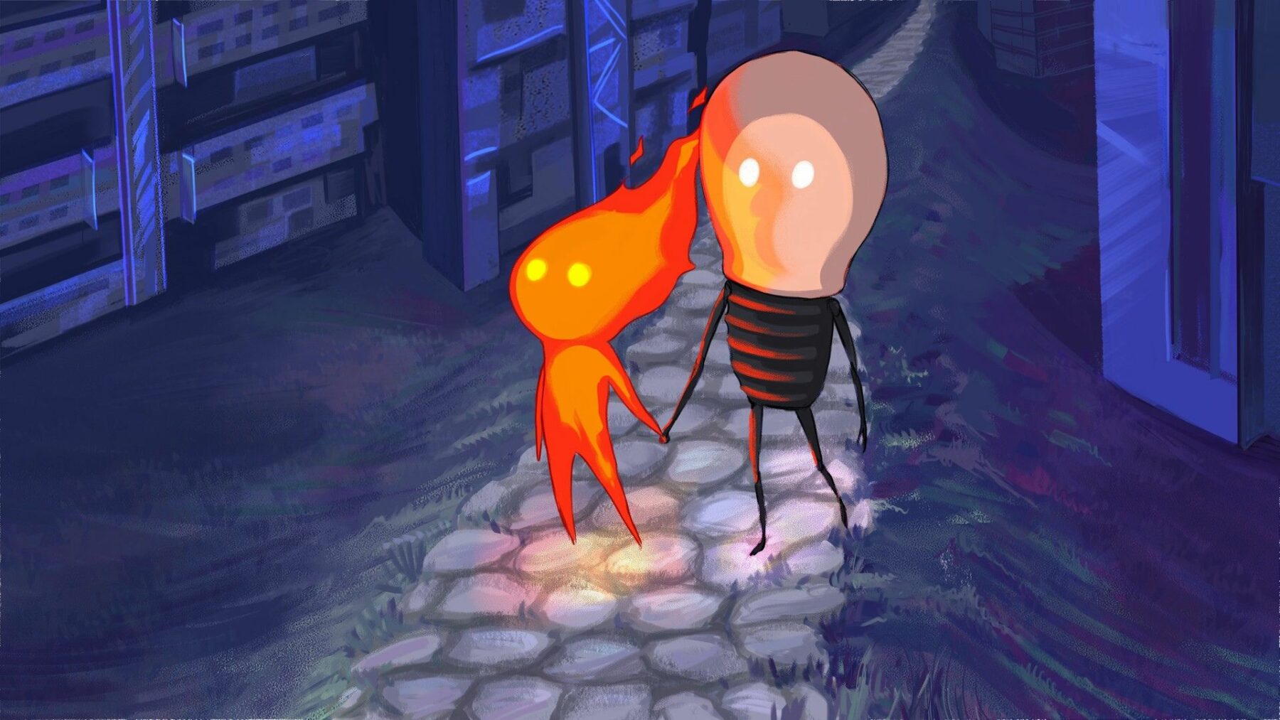 Kadr z animacji z postacią chłopięcą w towarzystwie płomienia.