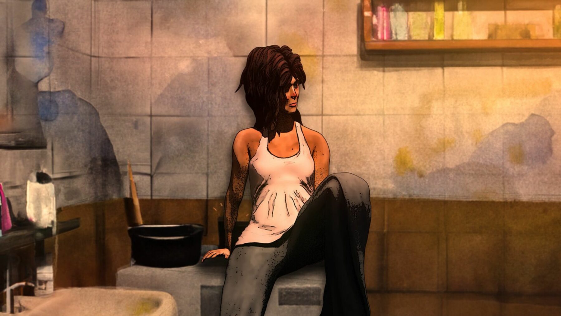 Kadr z polskiej animacji przedstawiający kobietę siedzącą samotnie w pokoju.