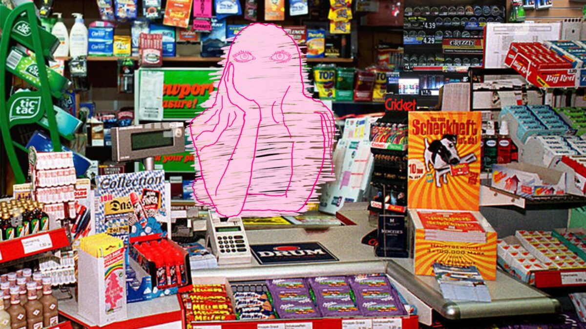 Kadr z polskiej animacji przedstawiający sprzedawcę sklepu za ladą.