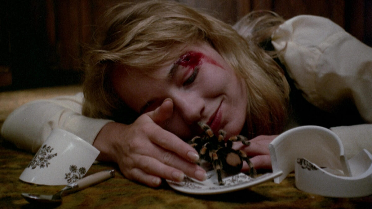 Zraniona kobieta ma przed twarzą dużego p[pająka.