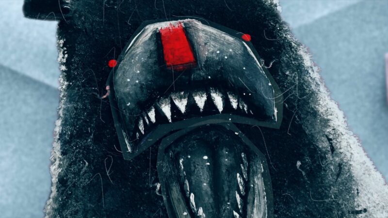 Kadr z animacji z groźnym niedźwiedziem.