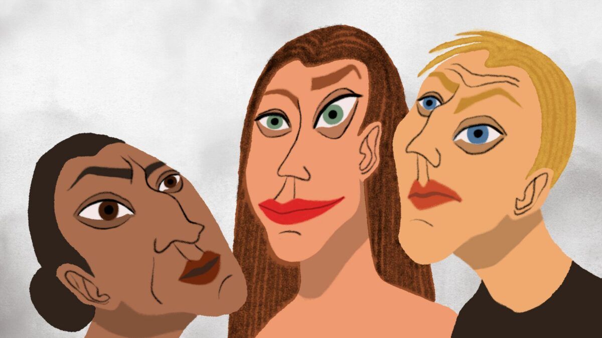 Na kadrze z animacji trzy kobiece twarze.