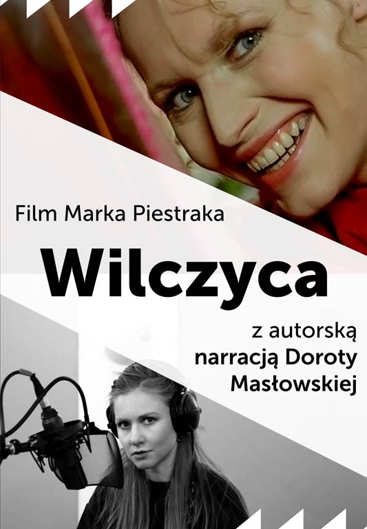 Plakat w dwóch częściach, na jednej kadr z filmu a na drugiej części lektorka przed mikrofonem.