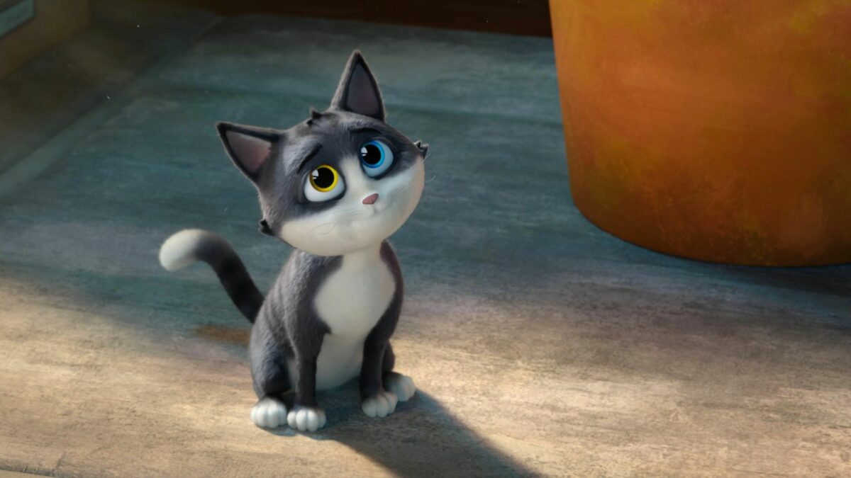 Kadr z bajki przedstawiający kotka na ulicy.