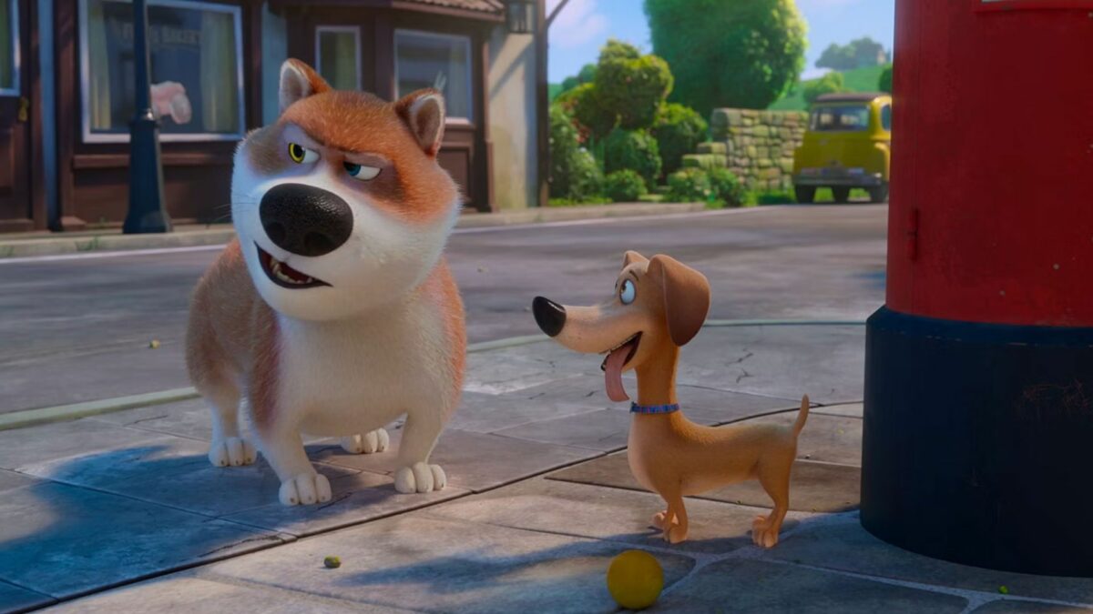 Kadr z bajki przedstawiający dwa pieski na ulicy.