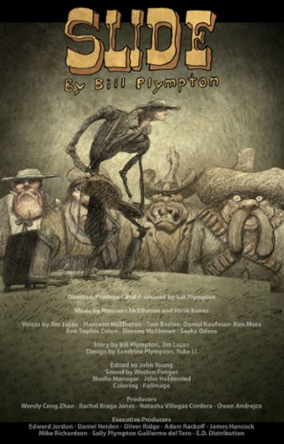 Plakat animacji przedstawia kowboja a za nim mieszkańców miasteczka na czele z burmistrzem.