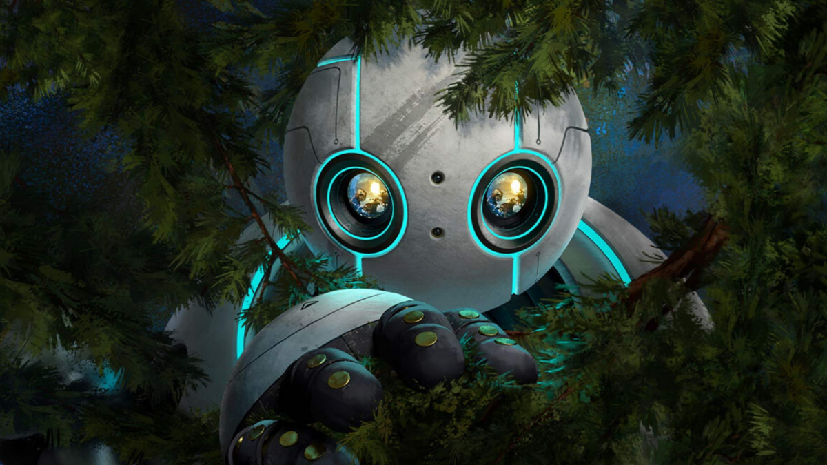 Kadr z animacji przedstawiający małego robota wyłaniającego się z leśnych zarośli.