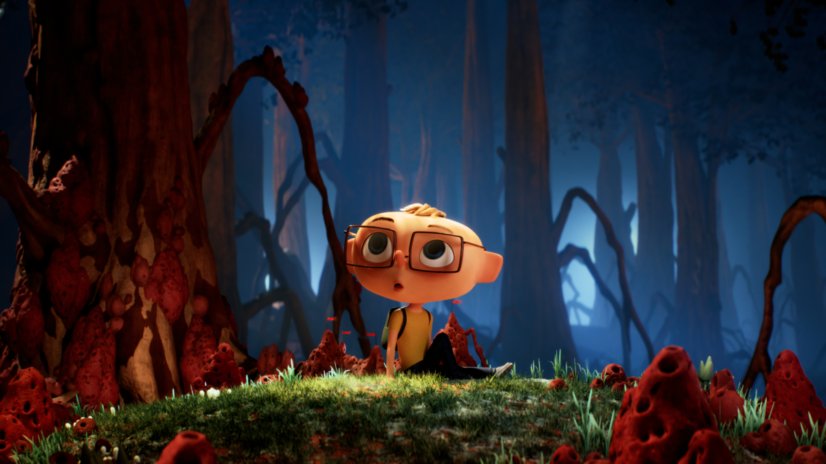 Kadr z bajki, mały chłopczyk zagubiony w lesie.