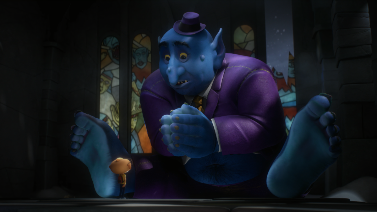 Kadr z bajki, chłopczyk stojący przed leśnym stworem.