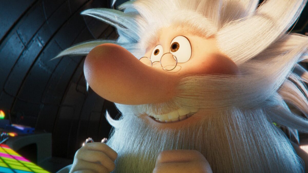 Kadr z bajki, naukowiec przed komputerem.