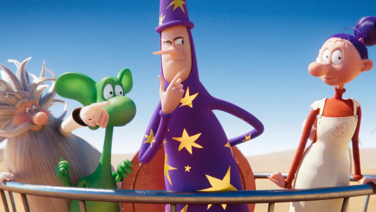 Kadr z bajki, zielony smoczek w towarzystwie przyjaciół.