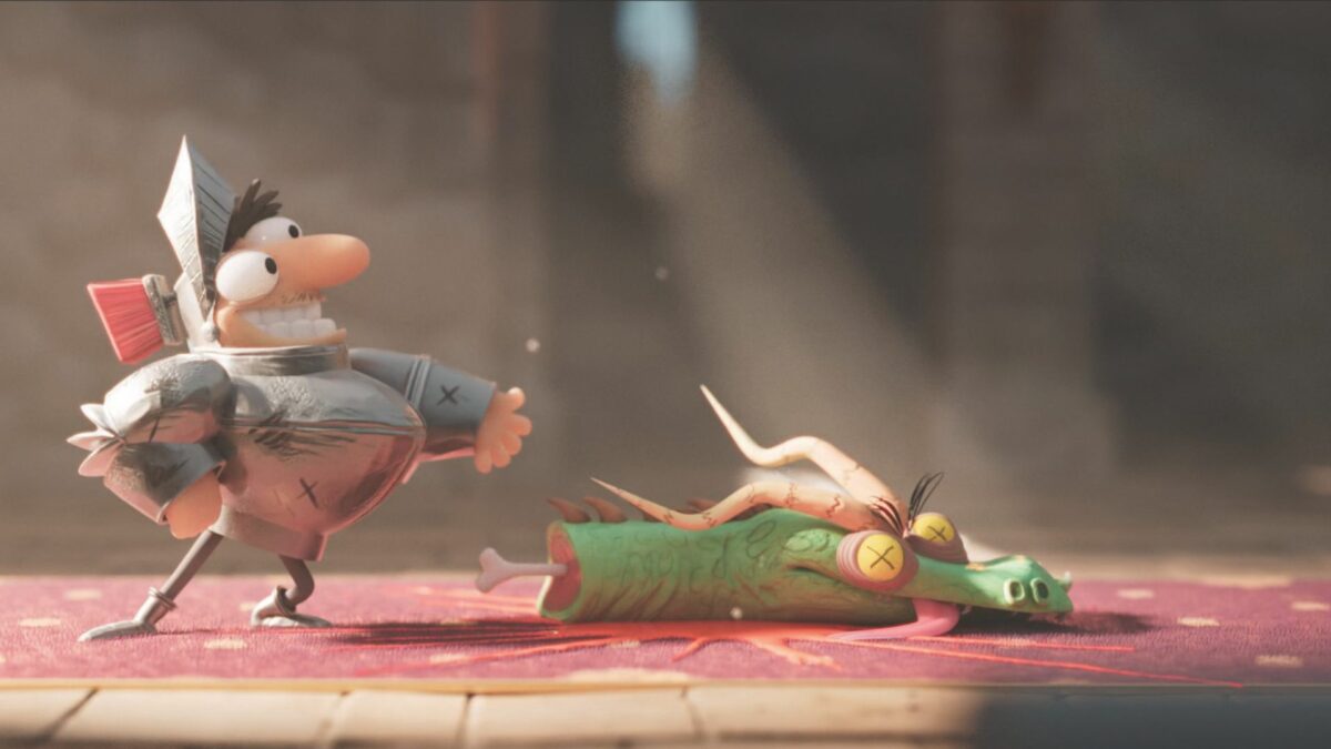 Kadr z animacji, rycerz po walce ze smokiem.