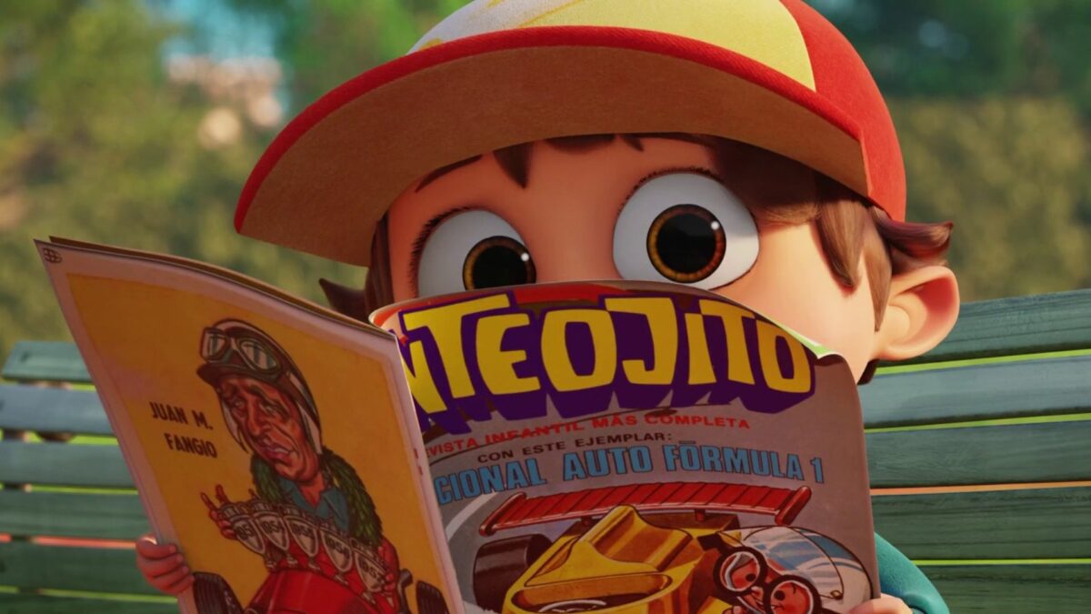 Kadr z animacji, chłopiec czytający komiks na parkowej ławce.