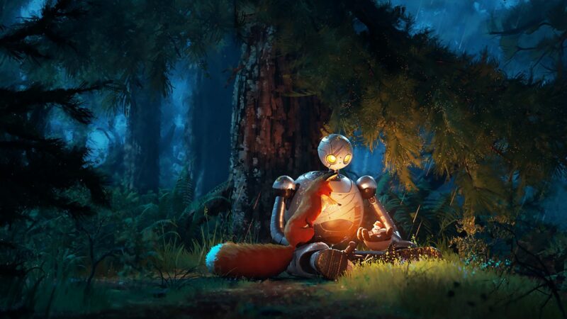 Kadr z animacji przedstawiający robota w lesie w towarzystwie małego lisa.