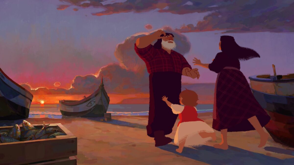 Kadr z animacji przedstawiający rodzinę na wybrzeżu.