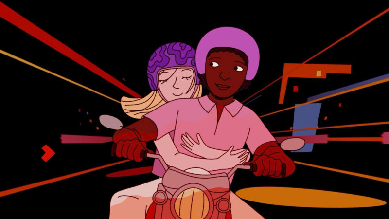 Kadr z animacji przedstawiający parę podczas przejażdżki motorem.