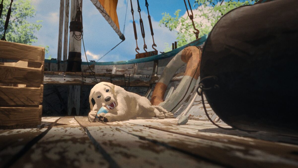 Kadr z animacji a na nim pies z kością na pokładzie łodzi.