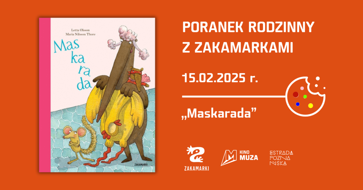 Grafika poranku rodzinnego z wydawnictwem zakamarki i okładką książki dla dzieci.