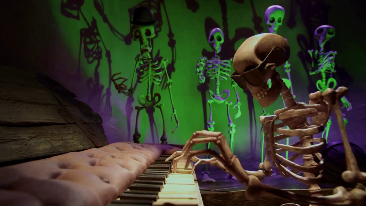 Kadr z animacji, szkielet grający na fortepianie.