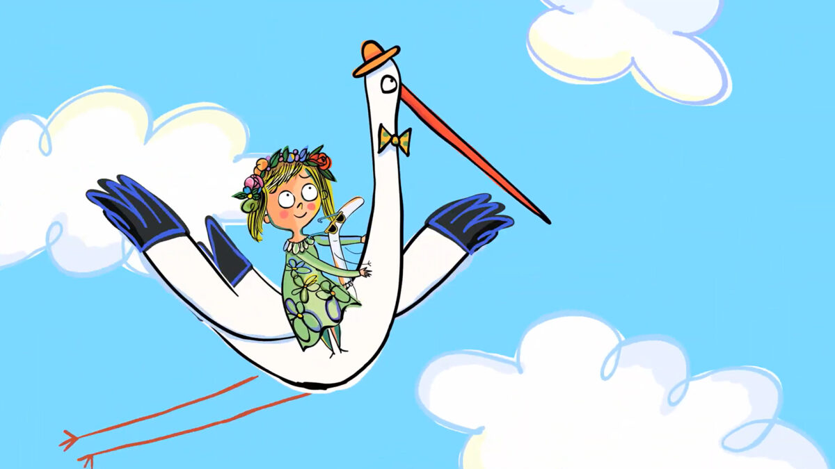 Kadr z bajki, dziewczynka leci na bocianie.