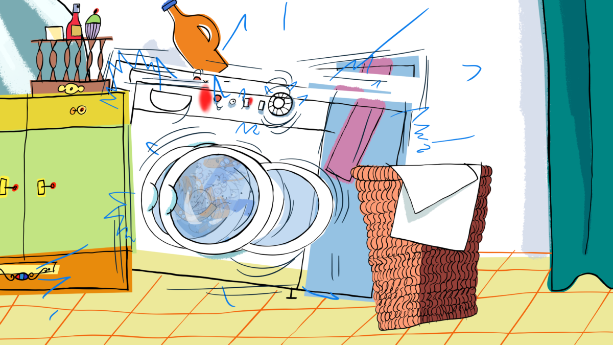 Kadr z bajki, scena z łazienki i zbliżenie na pralkę robiącą pranie.