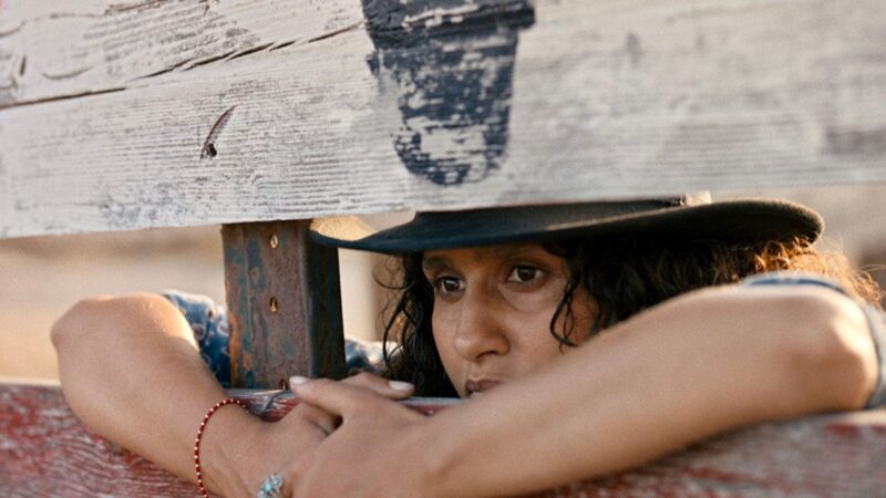 Kobieta wygląda przez ogrodzenie.