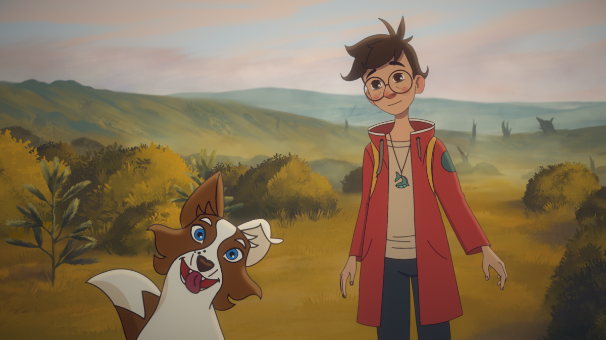 Kadr z animacji dla dzieci przedstawiający chłopca ze swoim pieskiem.