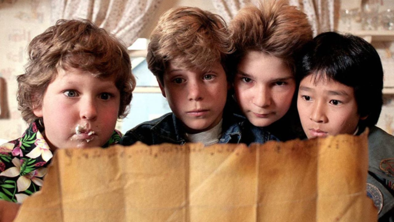 Grupa dzieciaków czytających mapę skarbów.